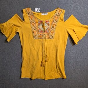 Mustard Embroidered Cold Shoulder Blouse Medium Embroidered Bohemian